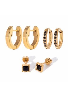 3 Pairs | 18K Gold Plated Black Earring Set